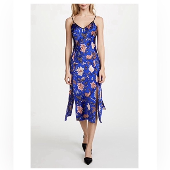 Diane Von Furstenberg Canton Electric Blue Floral Satin Midi Slip Dress Small - Picture 3 of 11